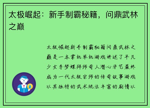 太极崛起：新手制霸秘籍，问鼎武林之巅